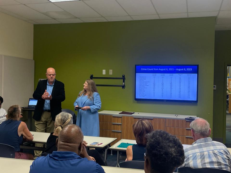 Councilman David Tackett and New Castle County Council President Karen Hartley-Nagle addressing attendees at the public safety meeting in the Bear Library, August 14, 2023.