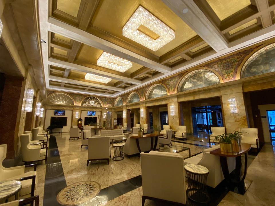 The lobby of the Congress plaza hotel filled with empty chairs