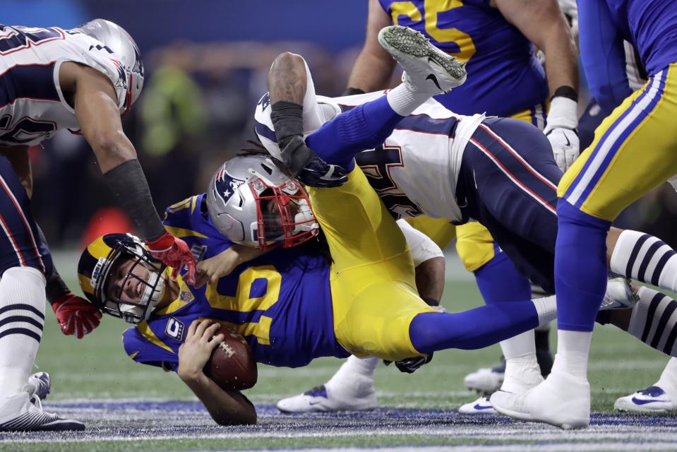 Dont'a Hightower and the Patriots hammered the Rams' Jared Goff throughout Super Bowl LIII. (AP)