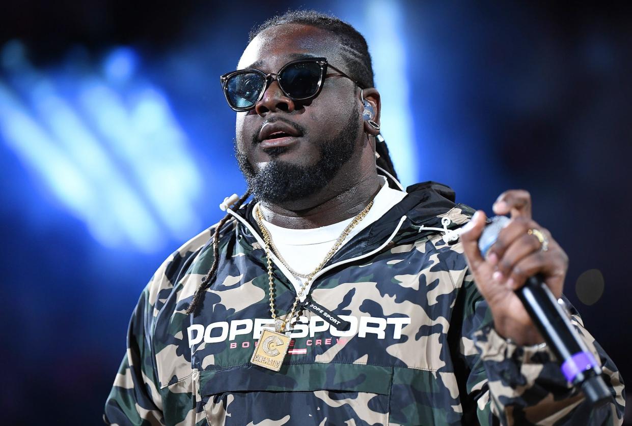 T-Pain, an American rapper, singer, songwriter and record producer performs at halftime of an NBA basketball game between the Los Angeles Lakers and Sacramento Kings at Golden 1 Center on November 22, 2017 in Sacramento, California.