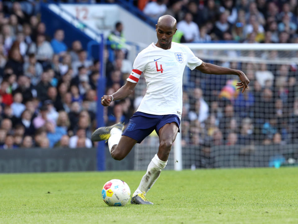 LONDON, ENGLAND - JUNE 16: Sir Mo Farah during Soccer Aid 2019 at Stamford Bridge on June 16, 2019 in London, England. (Photo by Mike Marsland/WireImage)