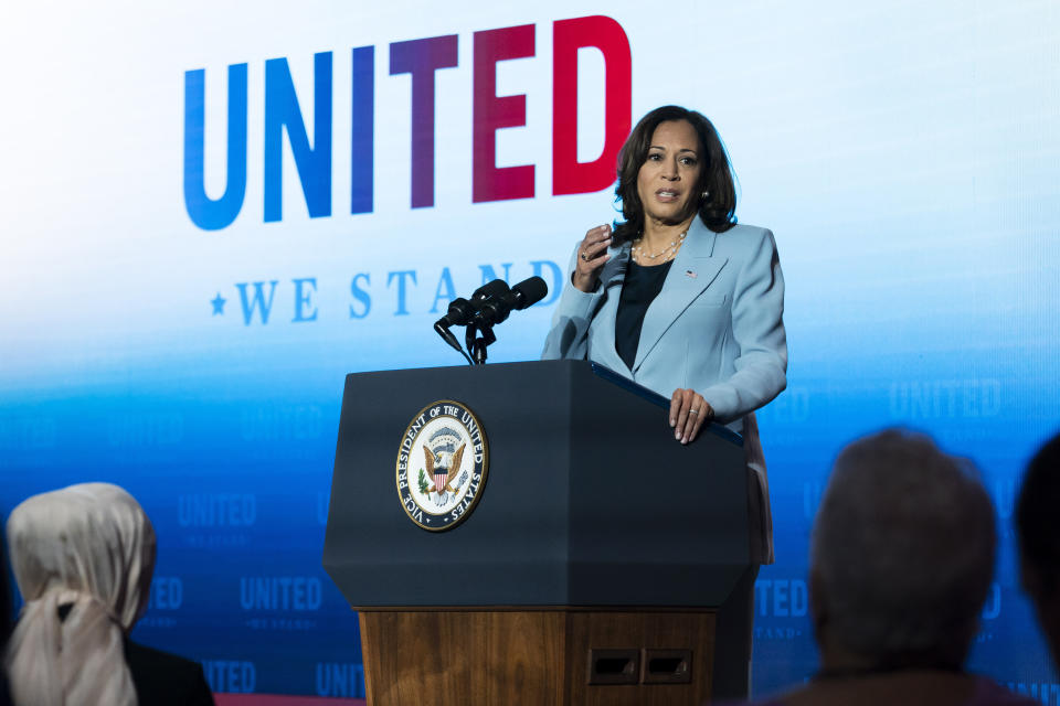 Vice President Kamala Harris speaks at the United Against Hate Summit, Thursday, Sept. 15, 2022, in the East Room of the White House in Washington. (AP Photo/Jacquelyn Martin)