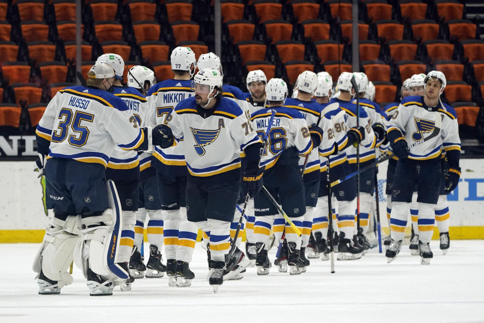 The St. Louis Blues celebrate a win over the Anaheim Ducks in an NHL hockey game Wednesday, March 3, 2021, in Anaheim, Calif. (AP Photo/Marcio Jose Sanchez)