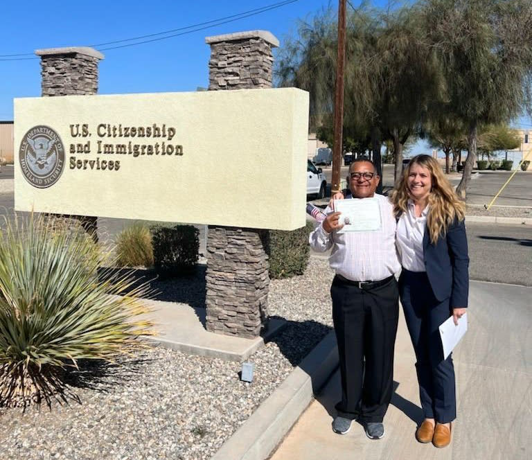 Former U.S. service member Luis and direct attorney Amanda Schuft celebrating Luis’ return to California after being deported to Nicaragua 23 years ago. (Courtesy Immigrant Defenders Law Center)