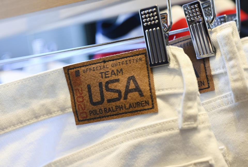 Team USA Tokyo Olympic closing ceremony uniforms are displayed during the unveiling at the Ralph Lauren SoHo Store on April 13, 2021, in New York. Ralph Lauren is an official outfitter of the U.S. Olympic Team. (Photo by Evan Agostini/Invision/AP)