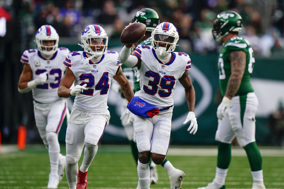 Buffalo Bills' Levi Wallace, center, reacts after intercepting the ball during the second half of an NFL football game against the New York Jets, Sunday, Nov. 14, 2021, in East Rutherford, N.J. (AP Photo/Frank Franklin II)