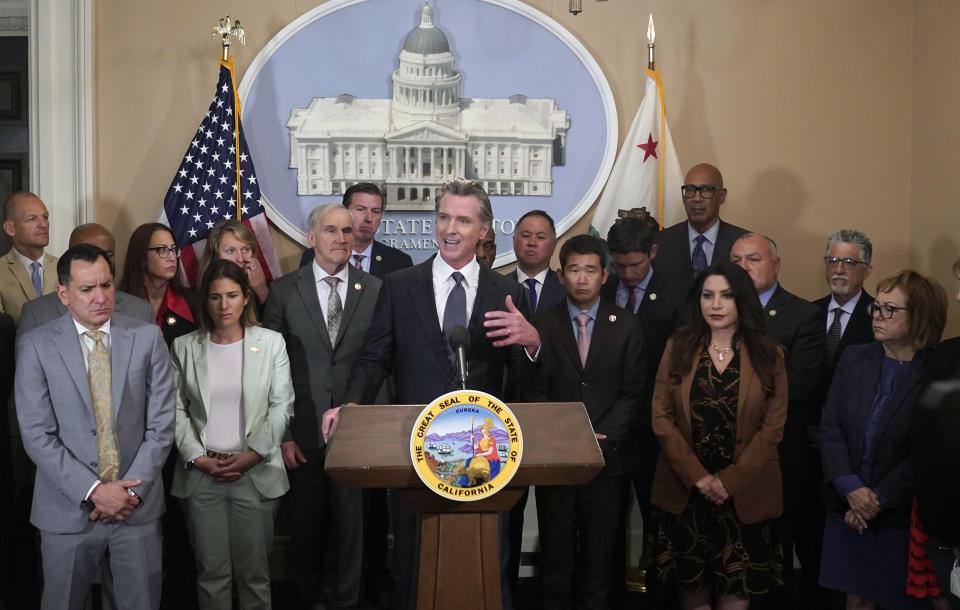 FILE - California Gov. Gavin Newsom discusses the recent mass shooting in Texas, during a news conference in Sacramento, Calif., Wednesday, May 25, 2022. A year after beating back a recall, Newsom is expected to cruise to a re-election victory ahead of challenger Republican state Sen. Brian Dahle. (AP Photo/Rich Pedroncelli, File)