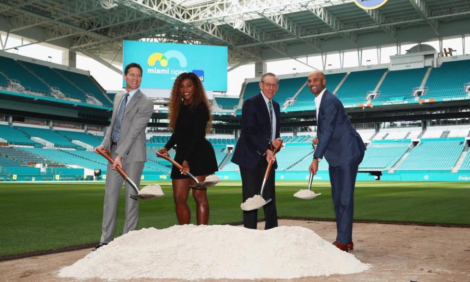 WME/IMG’s Mark Sharpiro, Serena Williams, Miami Dolphins owner Stephen Ross, and James Blake at the Hard Rock Stadium to promote the Miami Open’s new venue