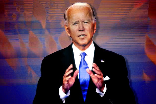 AI-BIDEN-SPEECHES.jpg Joe Biden Accepts Party's Nomination For President In Delaware During Virtual DNC - Credit: Photo illustration based on photograph by Win McNamee/Getty Images