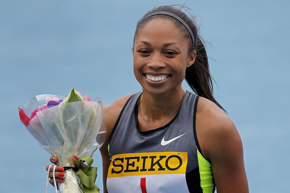 Allyson Felix of the United States celebrates after winning the Women's 100m during the Seiko Golden Grand Prix Kawasaki at Todoroki Stadium on May 6, 2012 in Kawasaki, Japan. (Photo by Kiyoshi Ota/Getty Images)