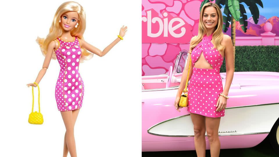 Robbie's polkadot Valentino dress was a nod to the 'Pink and Fabulous' Barbie doll from 2015. - Mattel; Jon Kopaloff/Getty Images