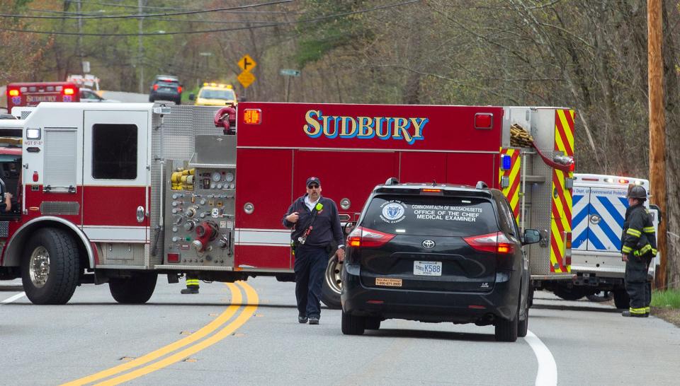 A vehicle from the Office of the State Medical Examiner arrives at the scene of a two-vehicle crash on Boston Post Road (Route 20) in Sudbury, April 30, 2024. Police confirmed that a man died after his sedan collided with a tractor-trailer.
