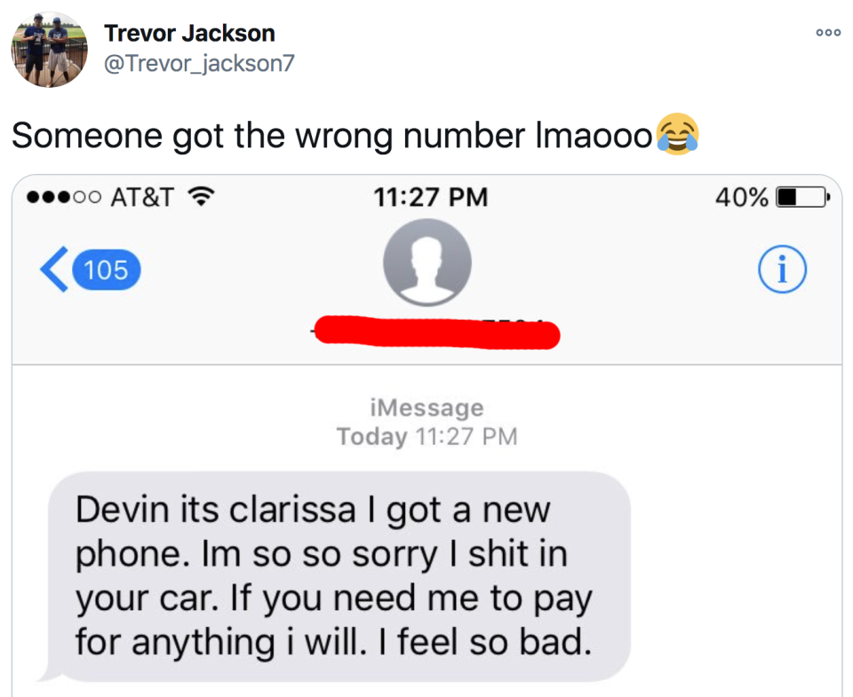 wrong number from someone named clarissa appologizing for shitting in the other person's car