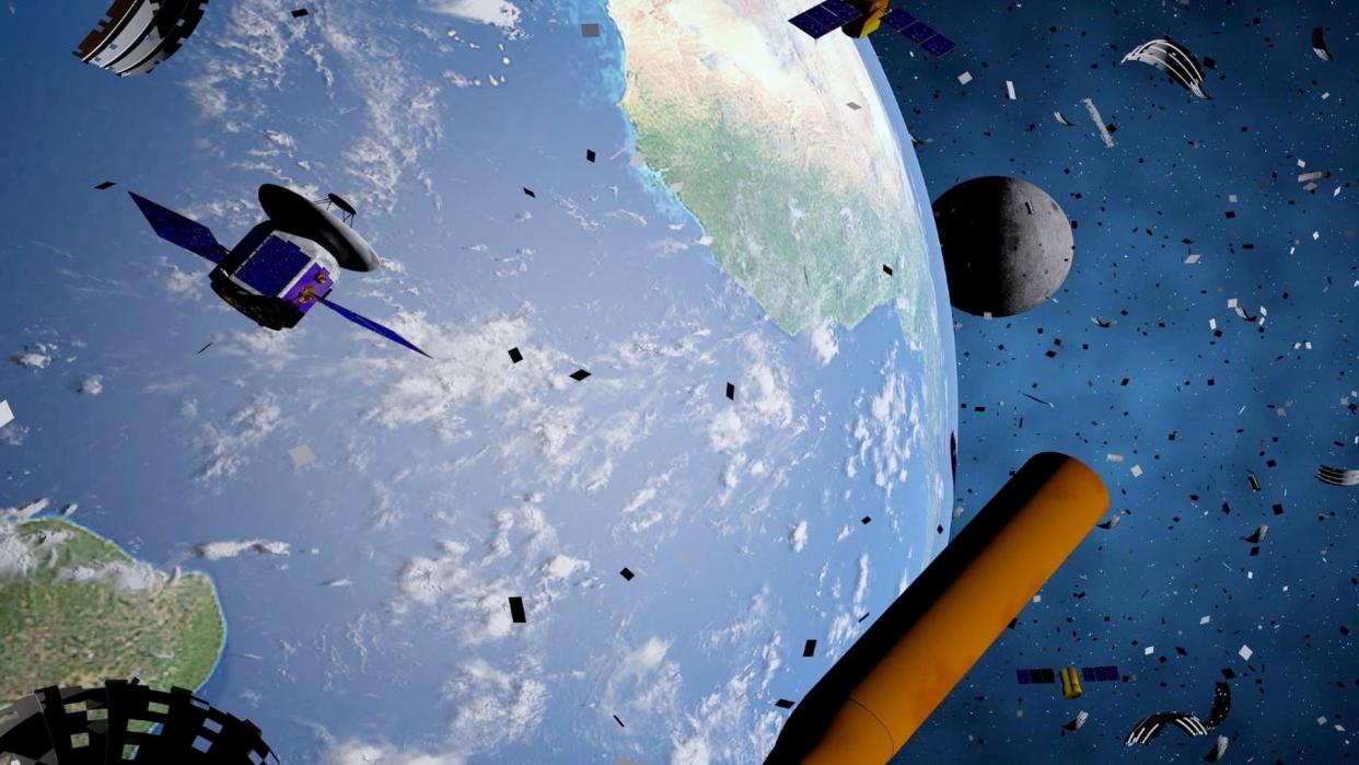  Artist's illustration of space junk orbiting Earth. 