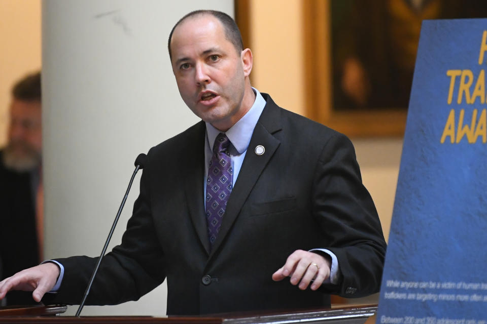 FILE - In this Jan. 13, 2020, file photo, Georgia Attorney General Chris Carr speaksduring the opening day of the year for the general session of the state legislature in Atlanta. Vaping giant Juul Labs has donated thousands of dollars to court state attorneys general. But the lobbying strategy may be backfiring. (AP Photo/John Amis, File)