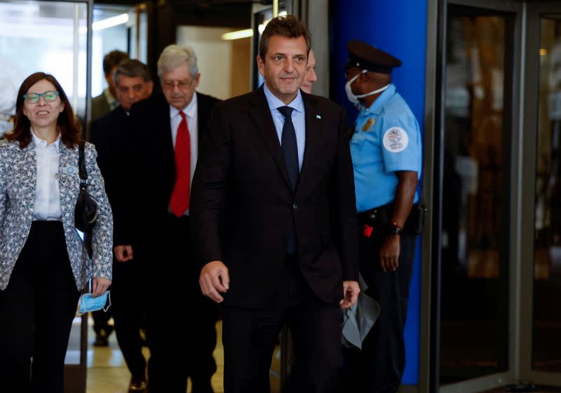 FILE PHOTO: Argentina's Economy Minister Sergio Massa departs IMF headquarters in Washington