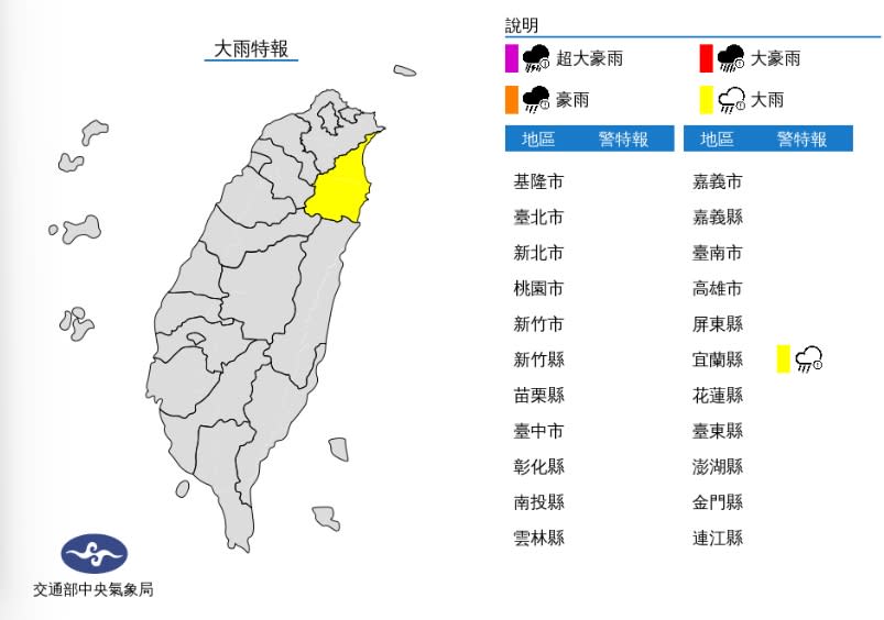 中央氣象局發布大雨特報。（圖／中央氣象局） 