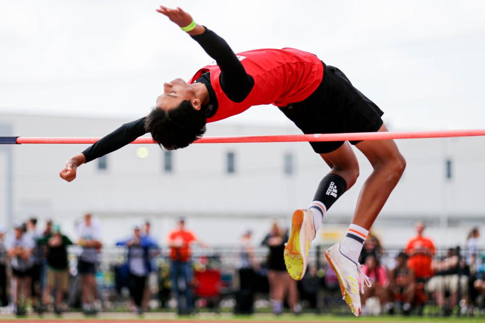 Hinton’s Daimian Gómez competes in the high jump during the state track and field tournament at Western Heights in Oklahoma City, on Friday, May 3, 2024.
