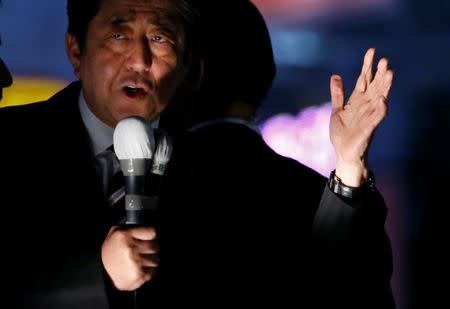 Japan's Prime Minister Shinzo Abe, who is also leader of the Liberal Democratic Party, speaks at an election campaign rally in Tokyo, Japan October 18, 2017. REUTERS/Toru Hanai