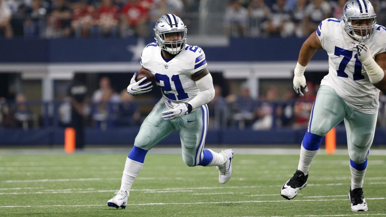 Mandatory Credit: Photo by AP/REX/Shutterstock (9222240bd)Dallas Cowboys running back Ezekiel Elliott (21) runs the ball against the Kansas City Chiefs during an NFL football game, in Arlington, TexasChiefs Cowboys Football, Arlington, USA - 05 Nov 2017.