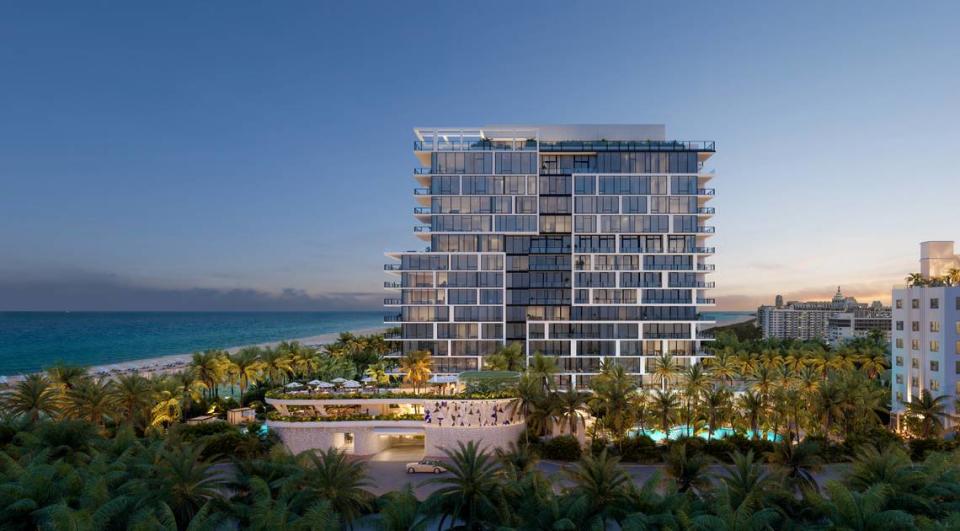 An architectural rendering depicts the 17-story luxury condo tower that will be built next to a restored historic Raleigh Hotel, seen at extreme right, in Miami Beach.