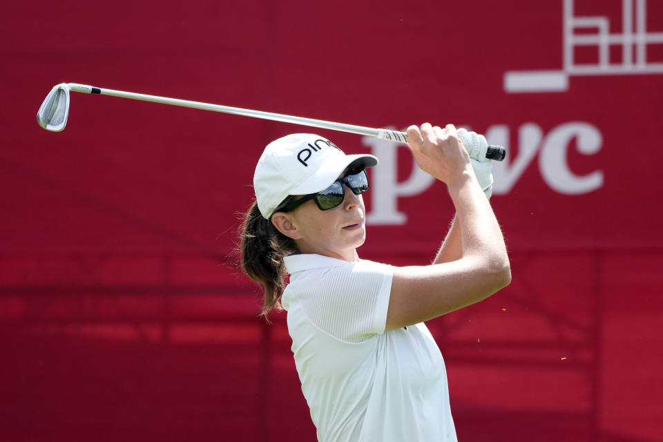 Elizabeth Szokol drives off the 18th tee during the third round of the Dow Great Lakes Bay Invitational golf tournament at Midland Country Club, Friday, July 21, 2023, in Midland, Mich. (AP Photo/Carlos Osorio)