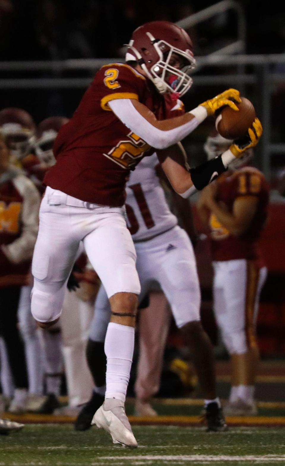 McCutcheon Mavericks wide receiver Kam Little (2) catches a pass during the IHSAA football game against the Lafayette Jeff Bronchos, Friday, Sept. 30, 2022, at Ellison Stadium in Lafayette, Ind. 