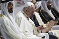 Pope Francis and Crown Prince Sheikh Mohammed bin Zayed, left, attend an Interreligious meeting at the Founder's Memorial in Abu Dhabi, United Arab Emirates, Monday, Feb. 4, 2019. Pope Francis arrived in Abu Dhabi on Sunday. His visit represents the first papal trip ever to the Arabian Peninsula, the birthplace of Islam. (AP Photo/Andrew Medichini)