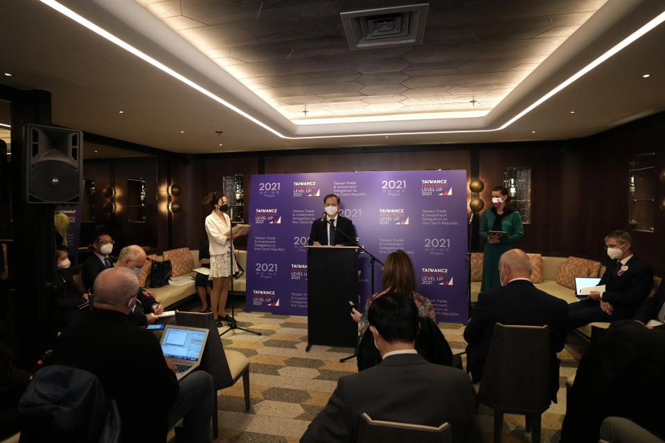 The minister of national development Kung Ming-hsin addresses media during a press conference in Prague, Czech Republic, Monday, Oct. 25, 2021. Taiwan's government ministers have visited the Czech capital accompanied by dozens of business and research representatives to boost trade and investment, a move that angers China. (AP Photo/Petr David Josek)