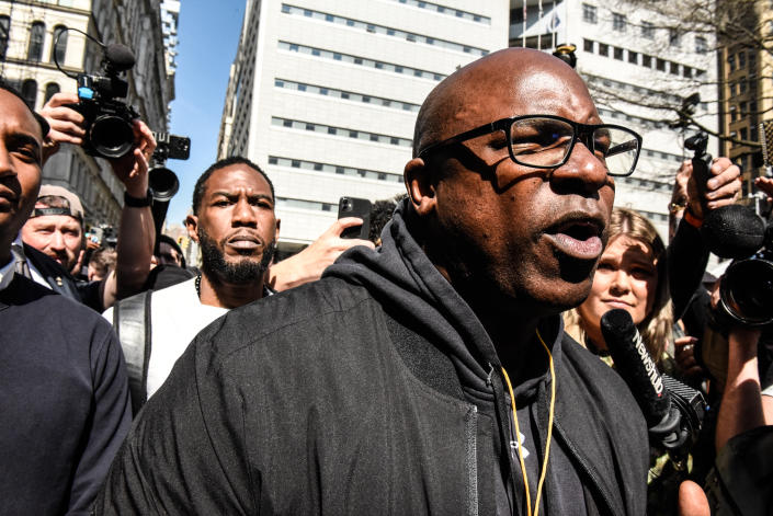 Rep. Jamaal Bowman, D-N.Y., speaks outside criminal court in New York on April 4 after Greene left a demonstration protesting former President Donald Trump&#39;s indictment (Stephanie Keith/Bloomberg via Getty Images)