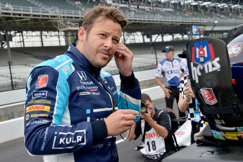 Andretti Herta Autosport with Marco Andretti and Curb-Agajanian driver Marco Andretti (98) puts in his hearing protection Saturday, May 21, 2022, during the first day of qualifying for the 106th running of the Indianapolis 500 at Indianapolis Motor Speedway