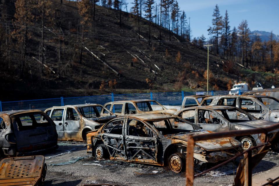 Devastation from wildfires in Lytton, British Columbia, on September 1, 2021. - On the front lines of global warming, evacuees from Lytton, a western Canadian village destroyed by wildfires in June, are detached and bitter about the upcoming September 20 snap elections. Lytton, located 250kms (155 miles) northeast of Vancouver, gained international attention for setting a new Canadian heat record of 49.6 degrees Celsius (121.3 Fahrenheit) before being ravaged days later by a fire that killed at least two residents. (Photo by COLE BURSTON / AFP) (Photo by COLE BURSTON/AFP via Getty Images)