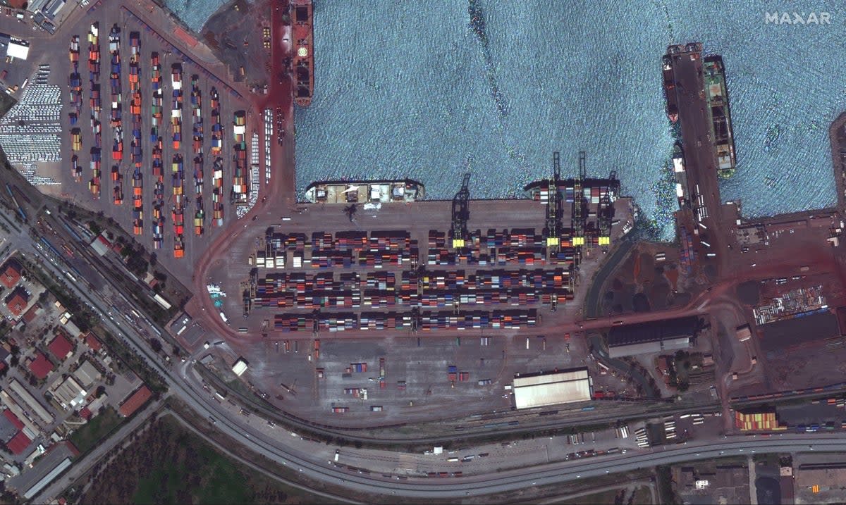 Overview of shipping containers and port facilities before earthquake in Iskenderun, Turkey on 26 June 2022 (Maxar)