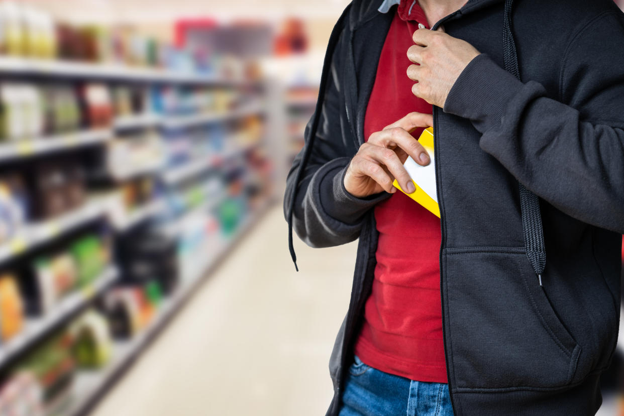 Retail Shoplifting. Man Stealing In Supermarket. Theft At Shop