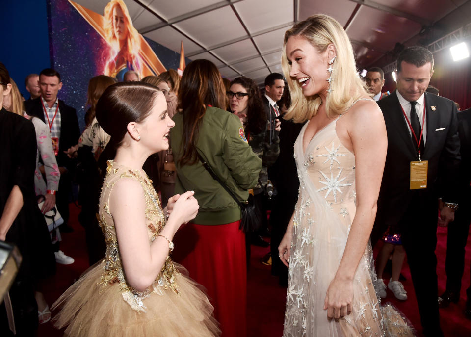 Actors Mckenna Grace and Brie Larson attend the Los Angeles World Premiere of Marvel Studios’ ‘Captain Marvel’ at Dolby Theatre on March 4, 2019 in Hollywood, California. (Photo by Alberto E. Rodriguez/Getty Images for Disney)