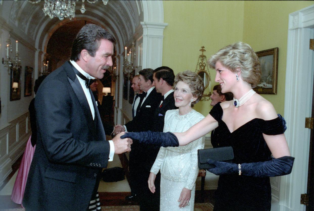 Tom Selleck meets Princess Diana at a White House state dinner in 1985. Selleck refused to cut in on the princess when she was dancing with John Travolta.