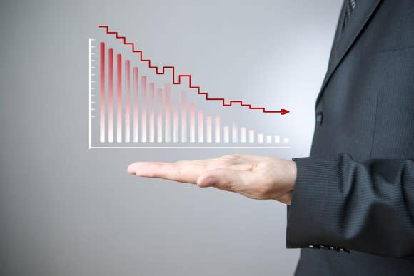 A man in a business suit holding his hand out while a stock chart showing losses hovers over it.