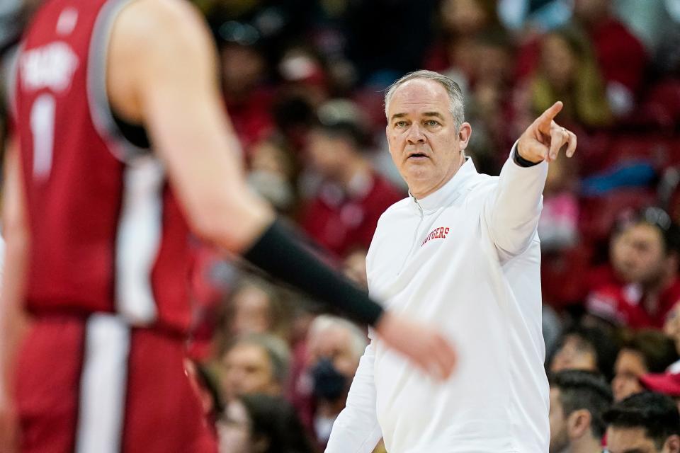 Rutgers coach Steve Pikiell directs his team during the second half of an NCAA college basketball game against Wisconsin, Saturday, Feb. 18, 2023, in Madison, Wis. (AP Photo/Andy Manis)