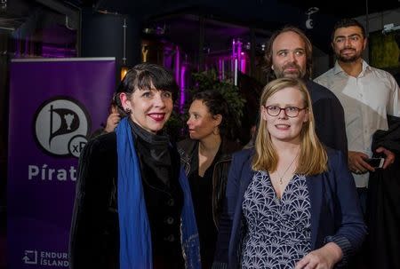 Birgitta Jonsdottir of the Pirate Party (L) is seen after parliamentary elections in Iceland, October 29, 2016. Picture taken October 29, 2016. REUTERS/Geirix