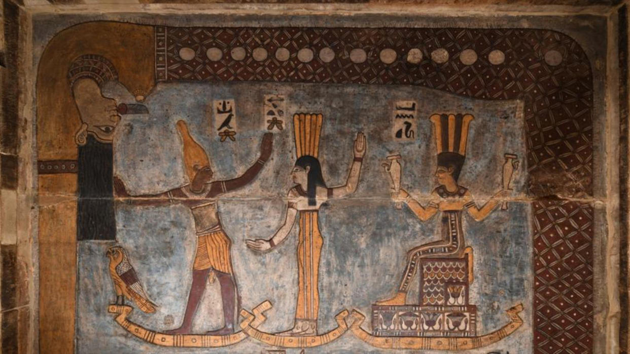  Restored ceiling in ancient Egyptian temple. Image displays iconography of the gods Orion, Sothis/Sirius and Anukis, above them the sky goddess Nut swallows the evening sun. 