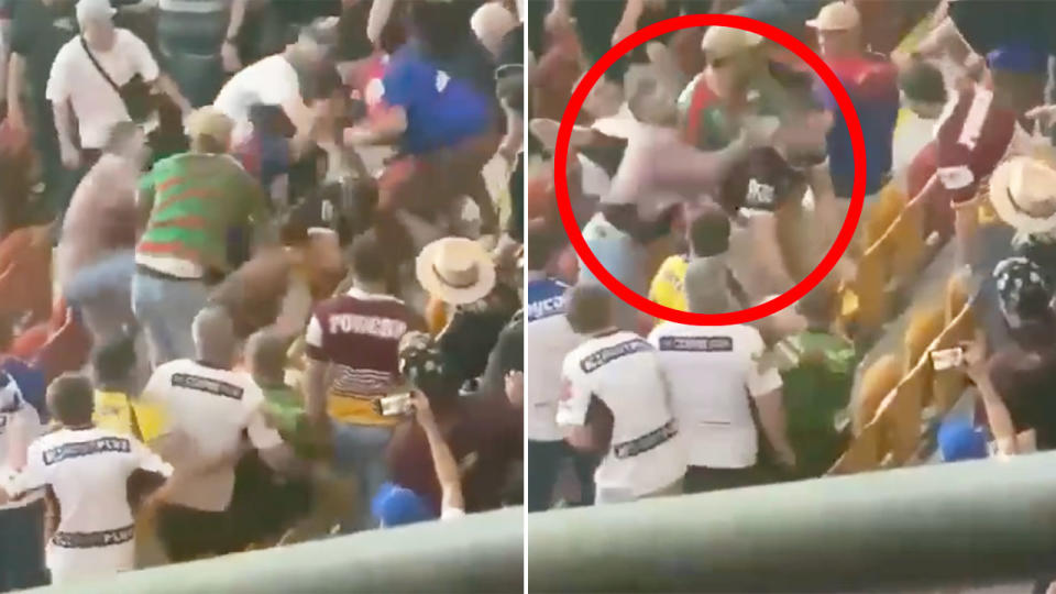 Amateur footage captured an ugly brawl break out between a group of men during the NRL's Magic Round at Suncorp Stadium on Friday night. Pic: Twitter