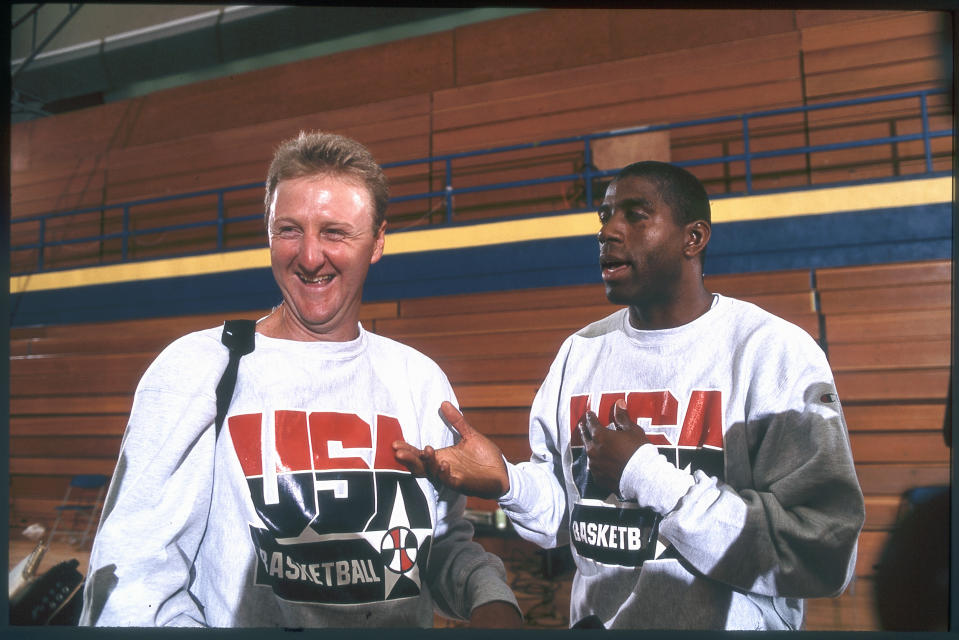 Aug 1992:  Larry Bird (L) and Magic Johnson (R) of Team USA, the Dream Team, answers questions from the media after practice for the men's basketball competition at the 1992 Summer Olympics in Barcelona, Spain. (Photo by Icon Sportswire)