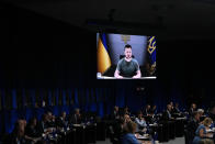 Ukraine's President Volodymyr Zelenskyy addresses a round table meeting via video link during a NATO summit in Madrid, Spain on Wednesday, June 29, 2022. North Atlantic Treaty Organization heads of state meet for a NATO summit in Madrid from Tuesday through Thursday. (AP Photo/Manu Fernandez)