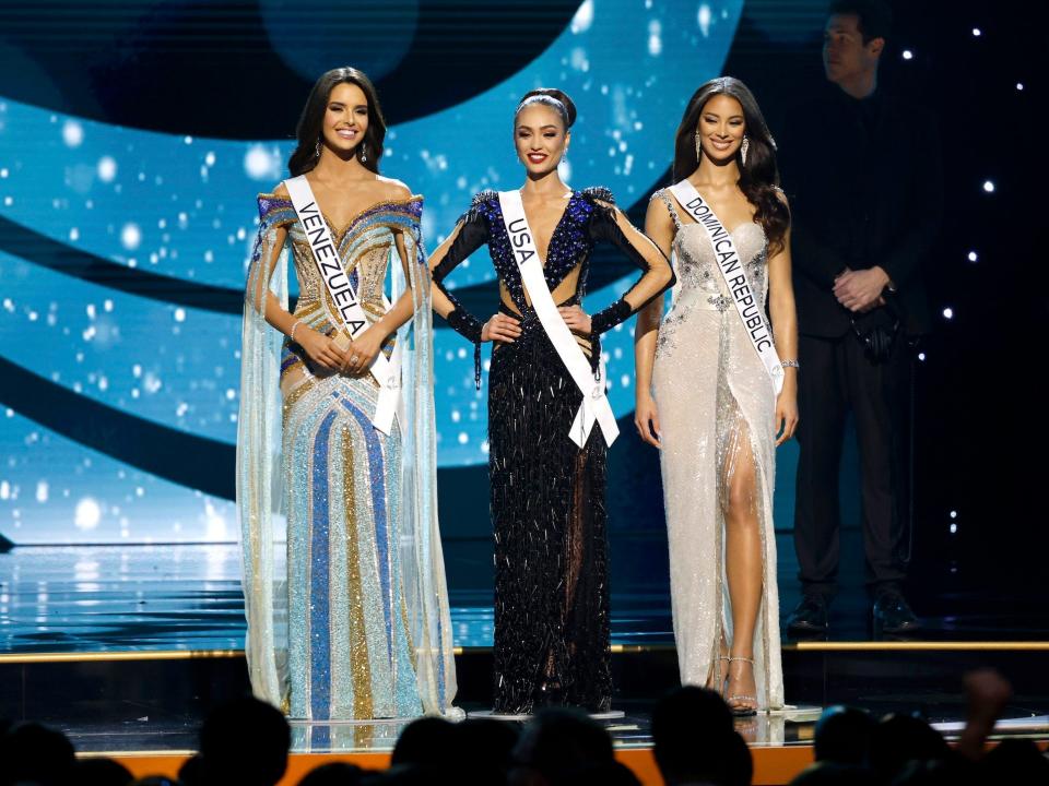 Miss Venezuela Amanda Dudamel, Miss USA R'Bonney Gabriel, and Miss Dominican Republic Andreína Martínez speak during the 71st Miss Universe Competition at the New Orleans Morial Convention Center on January 14, 2023, in New Orleans.