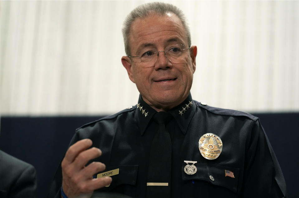 Los Angeles Police Chief Michel Moore announces the arrest of a suspect in three recent killings of homeless men, on Saturday, Dec. 2, 2023, in Los Angeles. (AP Photo/Damian Dovarganes)