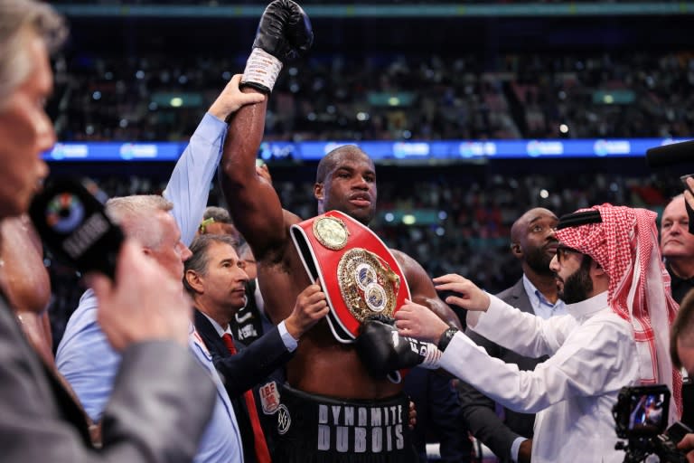 Britain's Daniel Dubois celebrates after defeating compatriot Anthony Joshua at Wembley to retain his IBF world heavyweight title (Adrian Dennis)