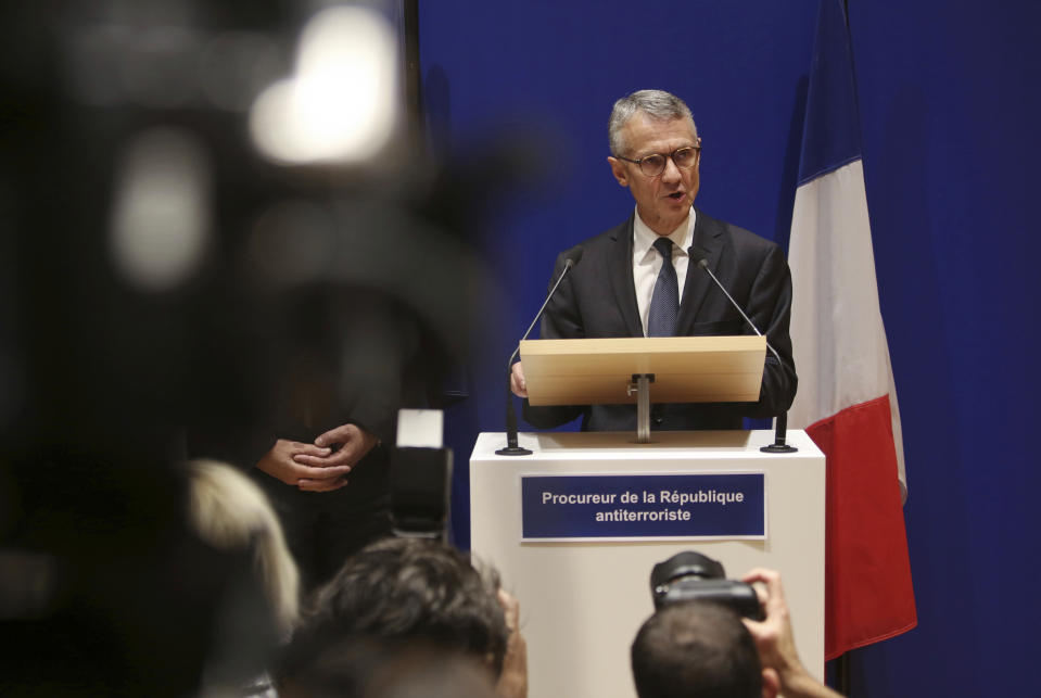 Paris prosecutor Jean-François Ricard gives a press conference at the Paris courthouse, France, Saturday Oct. 5, 2019. French prosecutors opened an investigation Friday that treats the fatal knife attack that a civilian employee carried out at Paris police headquarters as a potential act of terrorism. The longtime police employee stabbed four colleagues to death Thursday before he was shot and killed. (AP Photo/Rafael Yaghobzadeh)