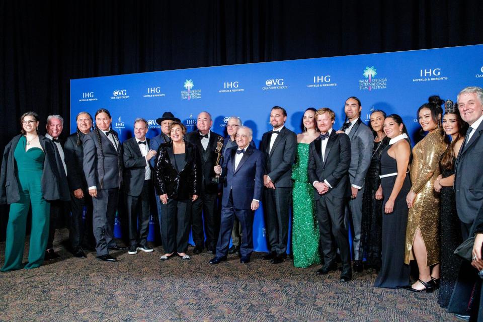 Cast members of "Killers of the Flower Moon" are photographed with Director Martin Scorsese, center, after receiving the Vanguard Award at the Palm Springs International Film Festival Film Awards in Palm Springs, Calif., on Thurs., Jan. 4, 2024.