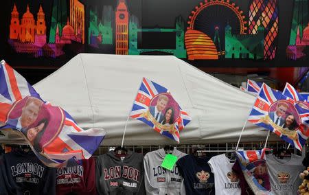 Flags are seen for sale ahead of the forthcoming wedding of Britain's Prince Harry and his fiancee Meghan Markle, on Oxford Street in London, Britain, May 11, 2018. REUTERS/Toby Melville