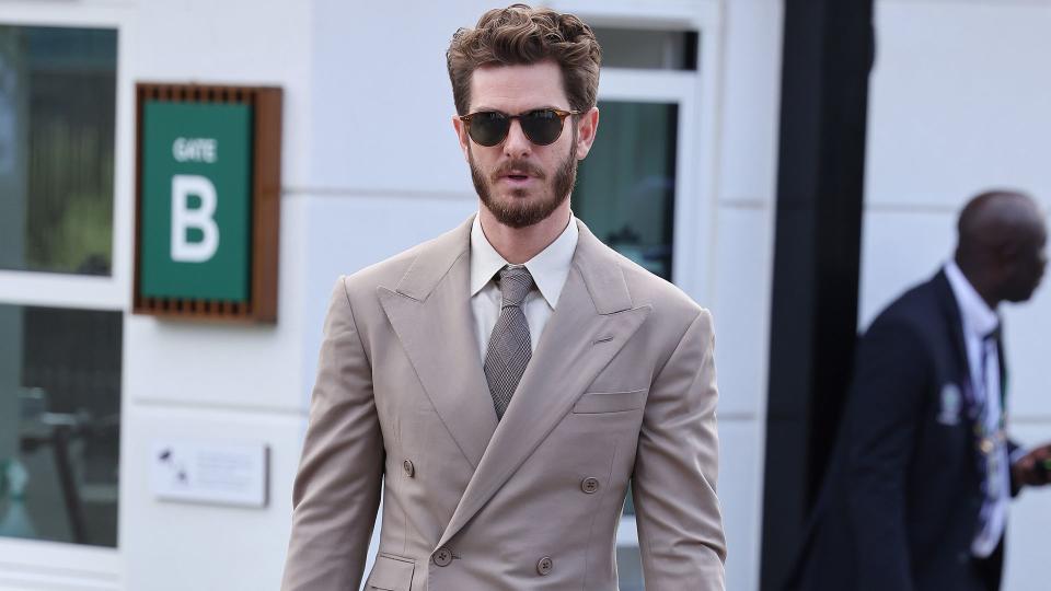 LONDON, ENGLAND - JULY 15: Andrew Garfield attends day thirteen of the Wimbledon Tennis Championships at All England Lawn Tennis and Croquet Club on July 15, 2023 in London, England. (Photo by Neil Mockford/GC Images)